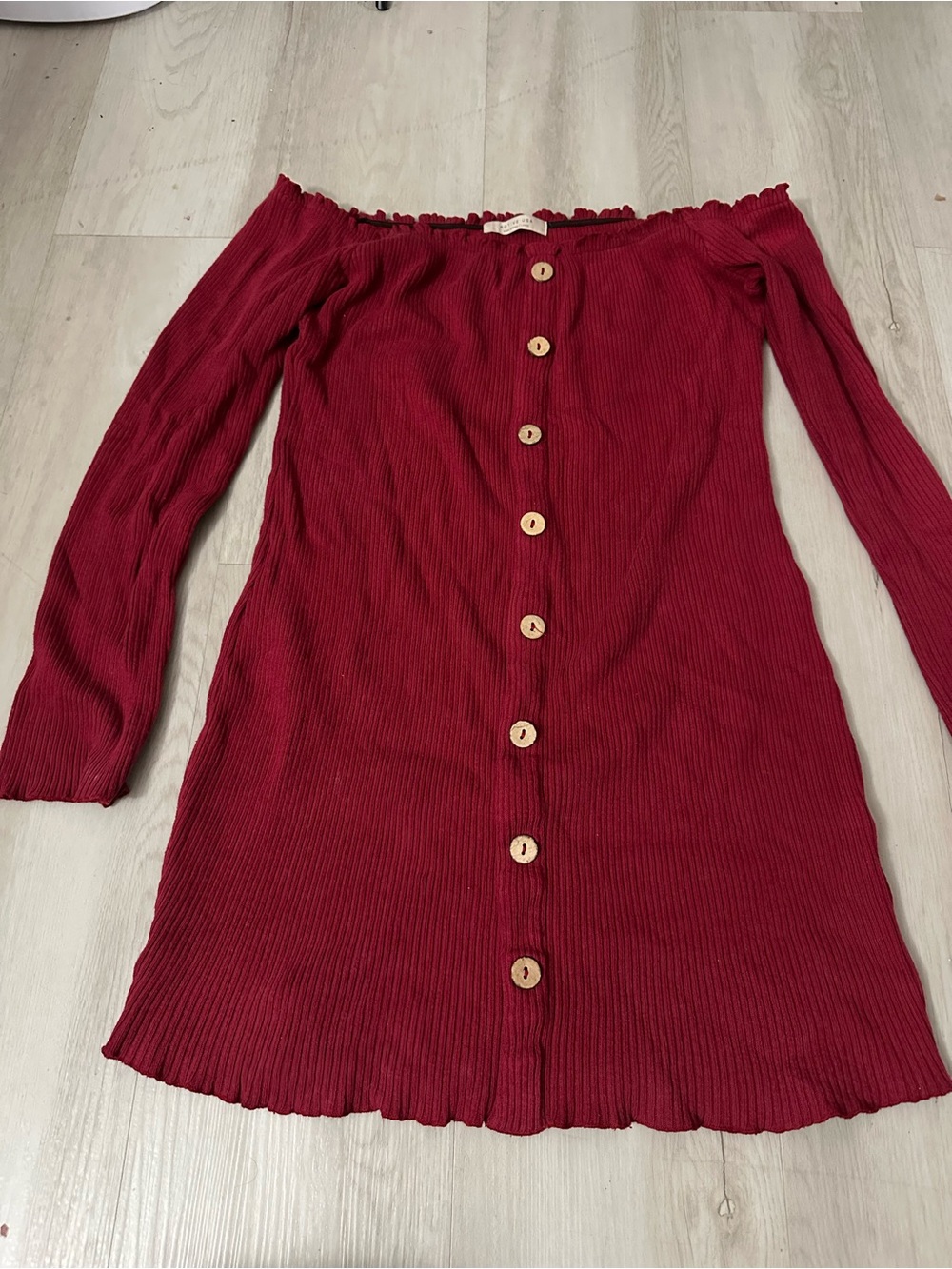 Active USA Red Ribbed Off-Shoulder Button-Front Midi Dress